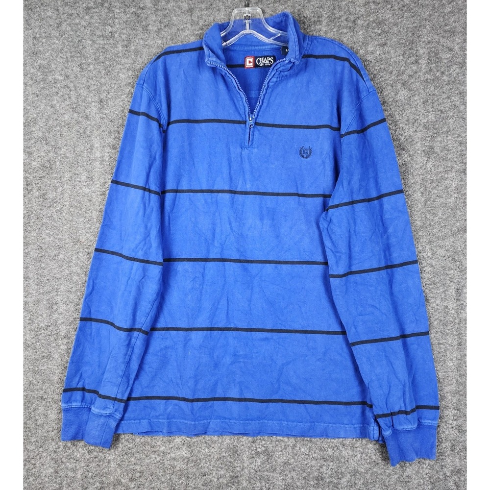 Chaps Quarter Zip Pullover Mens Large Blue Black Striped Cotton Long Sleeve